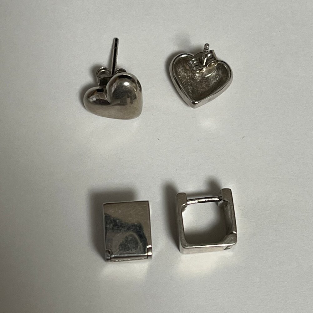 Sterling Silver 925 Earrings - Heart studs and Square huggies